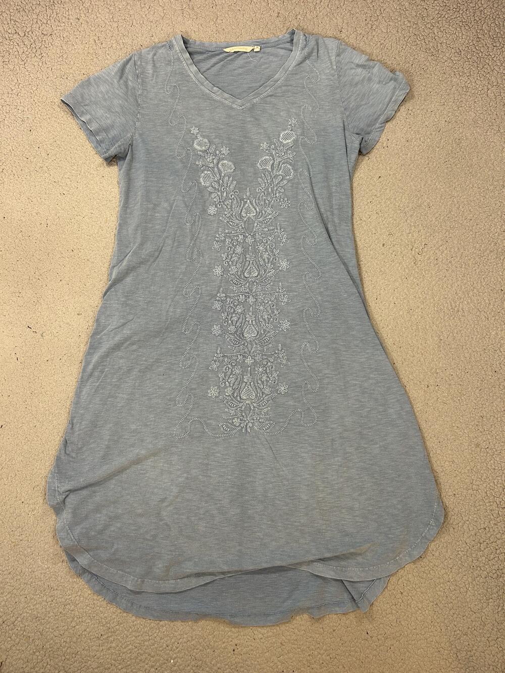Soft Surroundings T-Shirt Dress Womens XL Blue Embroidered Floral Cotton V Neck